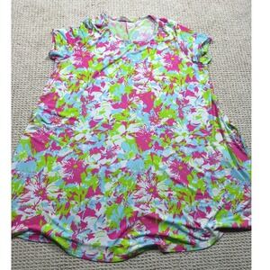 Peach Love Mini Dress Womens Size Medium Green/Pink Floral Garden Tunic Peasant